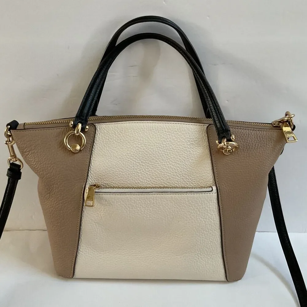 Coach Kacey Satchel Leather Bag in Colorblock Gold Chalk Tan Convertible C6841